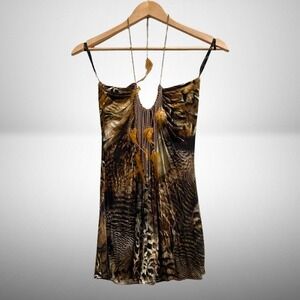 NEW Sky Women's Animal Print Halter Top Brown Feather Chain Detail Small